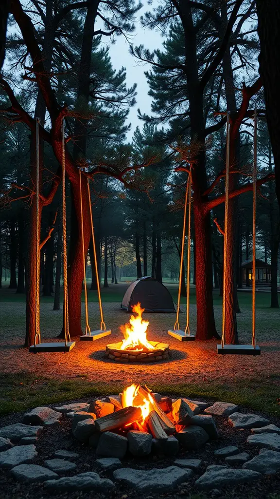 19 Stylish Outdoor Fire Pit Seating Ideas for Cozy Gatherings 11 An outdoor fire pit area featuring swings hanging from trees, with a glowing fire in the center surrounded by stone.