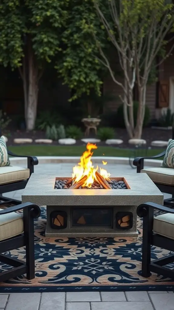 A cozy fire pit table surrounded by chairs in a backyard setting