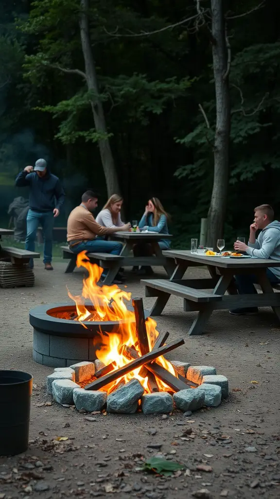 A cozy backyard scene featuring a fire pit surrounded by smooth stones and a picnic table setup, with people enjoying their time together.