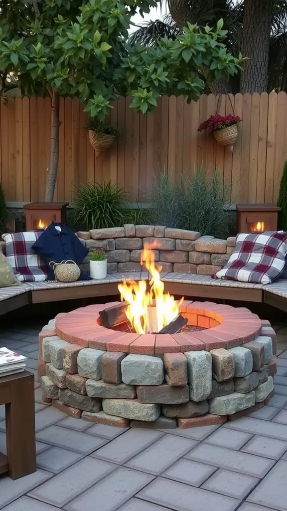 Cozy fire pit made with reclaimed bricks surrounded by comfortable seating in a backyard