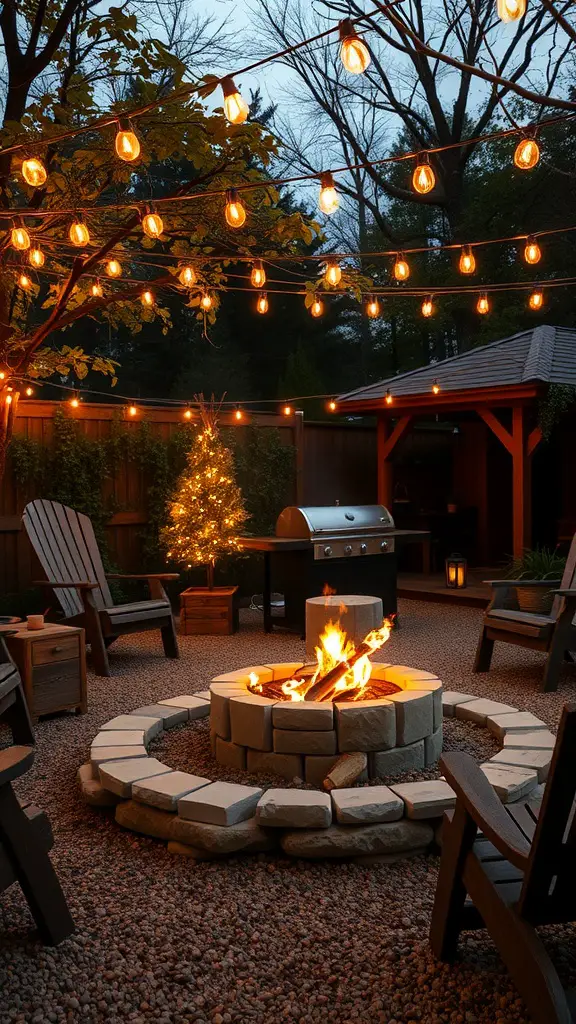 A backyard fire pit surrounded by string lights, wooden chairs, and a grill.