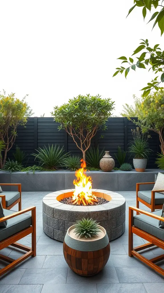 23 Inspiring Modern Garden Ideas to Transform Your Outdoor Space 5 A modern garden featuring a stone fire pit surrounded by comfortable chairs and lush plants.