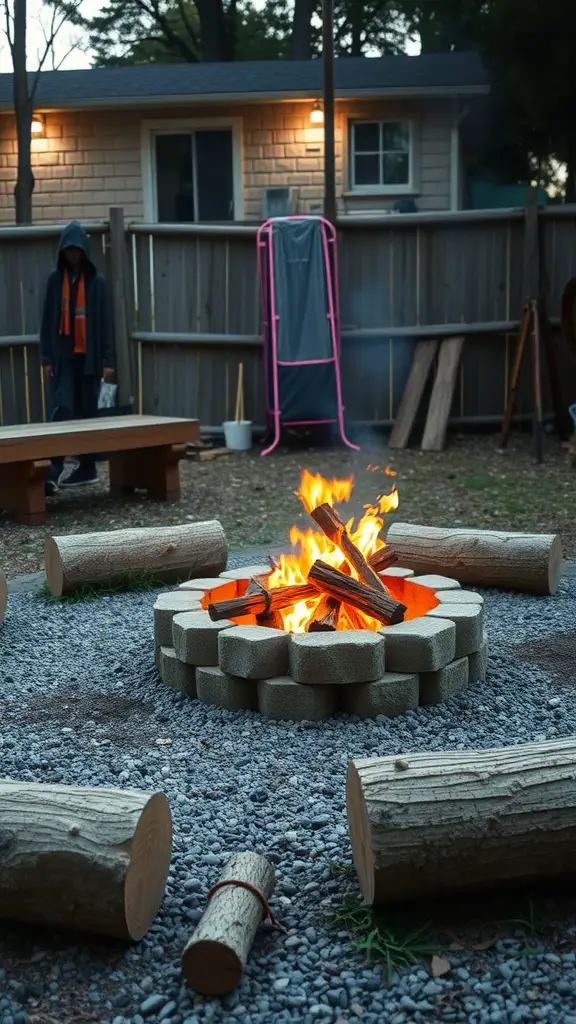 A backyard fire ring made of concrete blocks surrounded by gravel, with logs for seating and a small fire burning in the center.