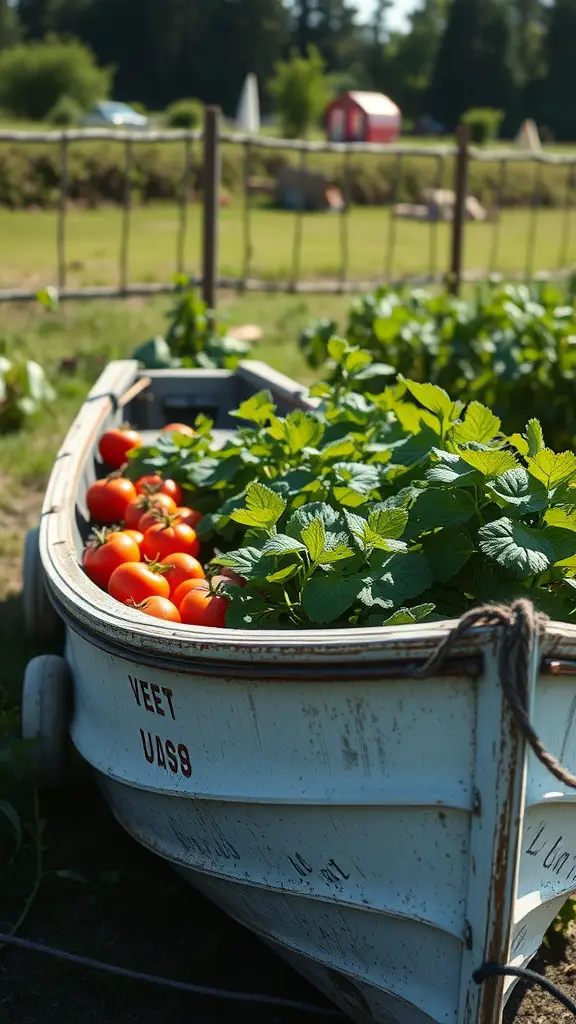 21 Creative Garden Ideas Using Used Boats 2 Fishing boat used as a raised garden bed with tomatoes and leafy plants
