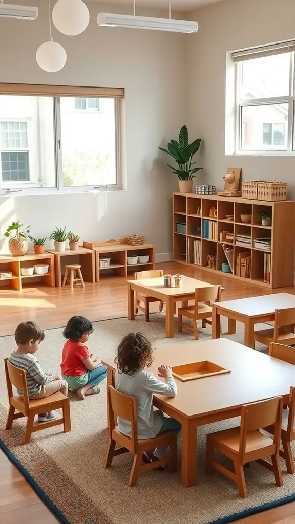 21 Inspiring Montessori Room Ideas for Creative Spaces 11 A bright Montessori classroom with wooden tables and chairs, children engaging in activities, and natural light from windows.