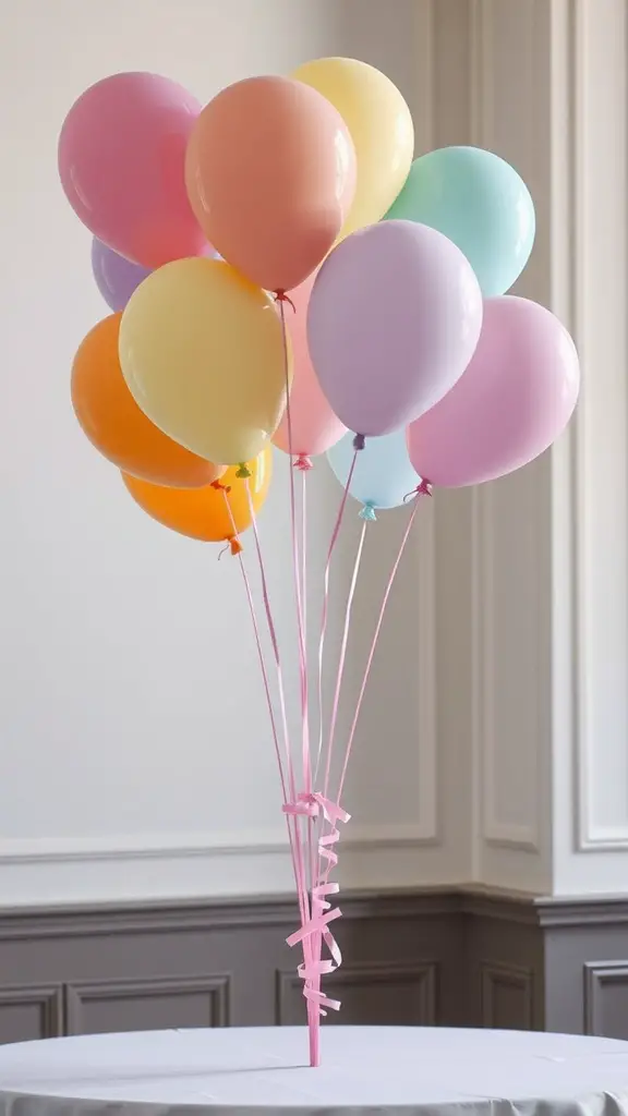 A bouquet of pastel balloons tied together with pink ribbons, creating a cheerful centerpiece.