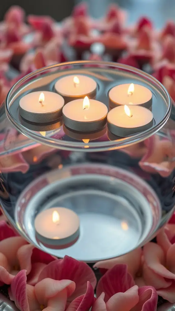 27 Stunning Wedding Round Table Centerpieces You Need to See 8 A clear bowl with floating candles surrounded by pink petals on a wedding table.