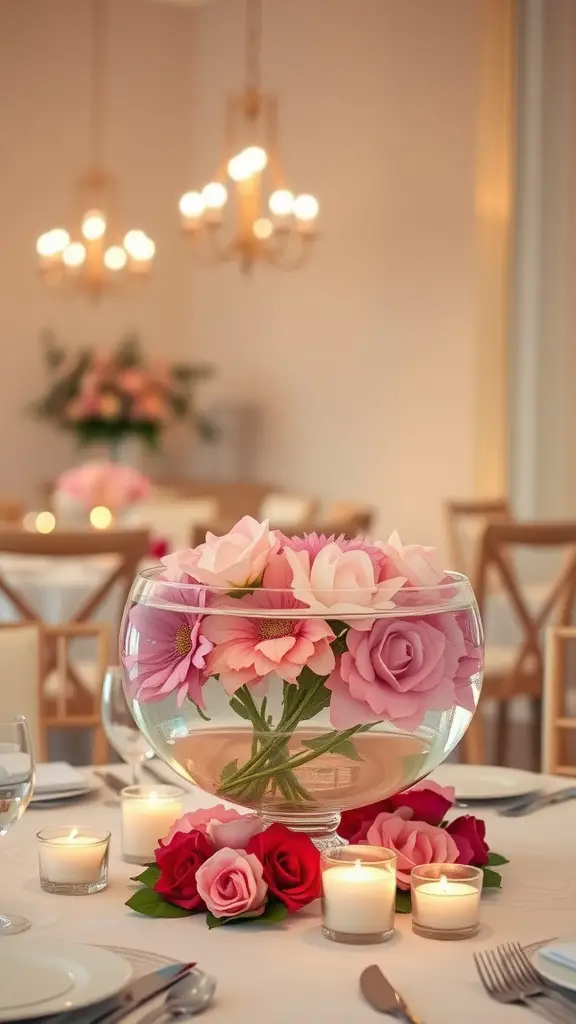 25 Stunning Wedding Table Centerpieces to Inspire Your Big Day 7 A beautiful wedding table centerpiece featuring floating pink and red flowers in a glass bowl, surrounded by candles.