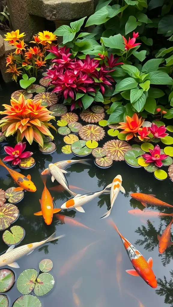 19 Stunning Koi Pond Ideas for Your Backyard Oasis 2 A koi pond with colorful floating plants and koi fish swimming