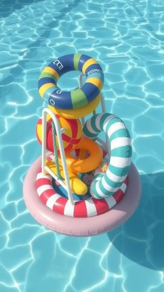 15 Creative Pool Toy Storage Ideas to Keep Your Backyard Organized 6 A colorful floating pool toy organizer filled with inflatable toys in a pool