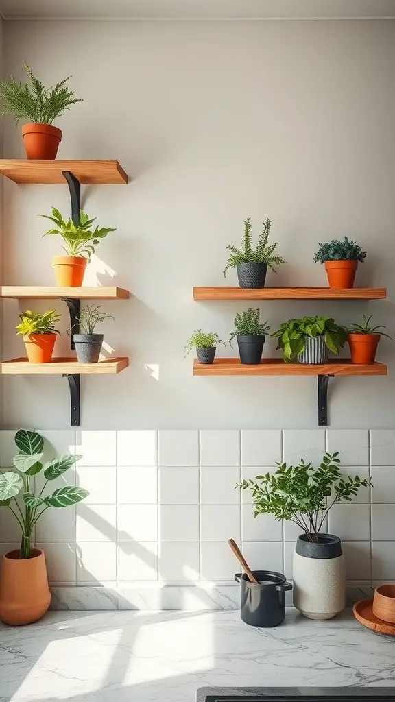 23 Creative Indoor Herb Garden Ideas to Freshen Up Your Space 17 Indoor herb garden on floating shelves with colorful pots in a kitchen setting.