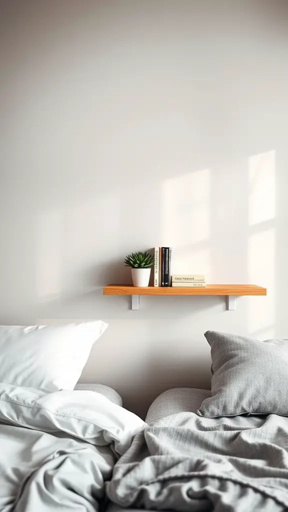 21 Stunning Bedside Table Ideas for Every Style 9 A minimalist bedroom with floating shelves above the bed, featuring a small plant and books.