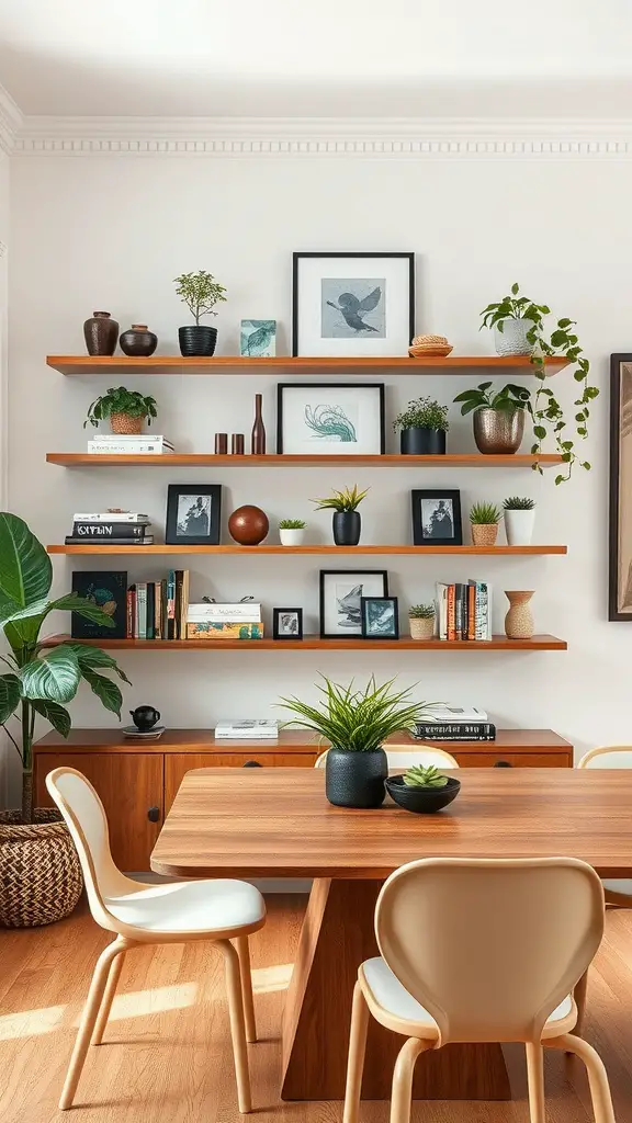 21 Stunning Dining Room Wall Decor Ideas to Transform Your Space 8 A modern dining room featuring floating wooden shelves adorned with plants and framed art.