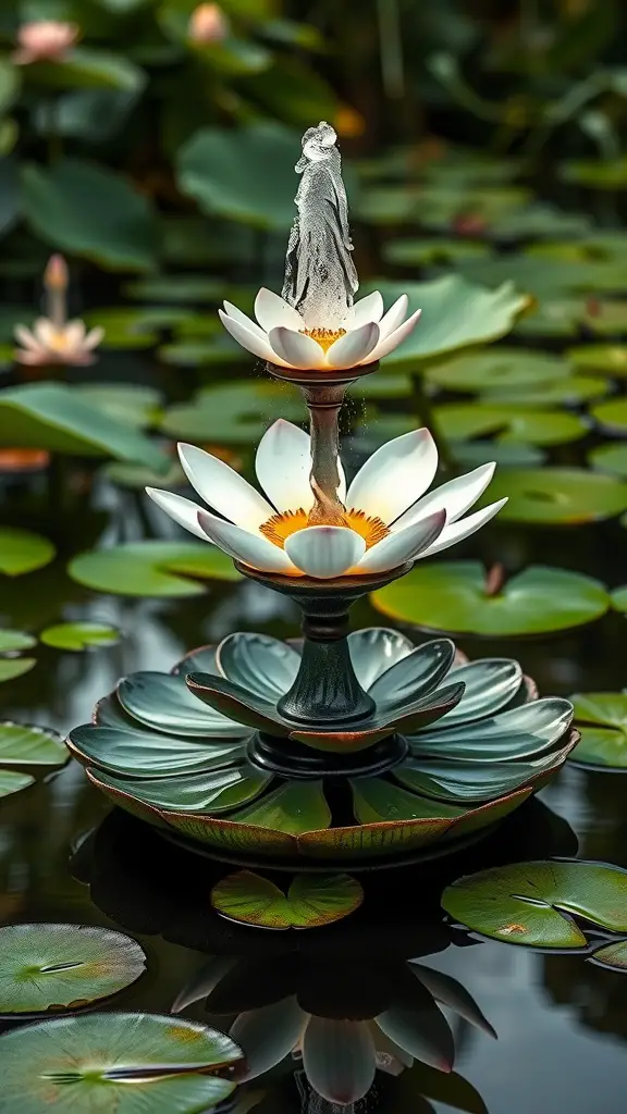 17 Creative DIY Solar Fountain Ideas for Your Garden 2 A floating solar lotus fountain with delicate petals, set amidst lily pads in a pond.
