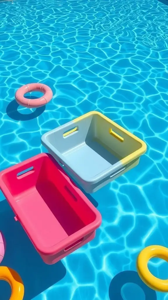 21 Creative Pool Storage Ideas You Need This Summer 2 Colorful floating storage bins in a swimming pool