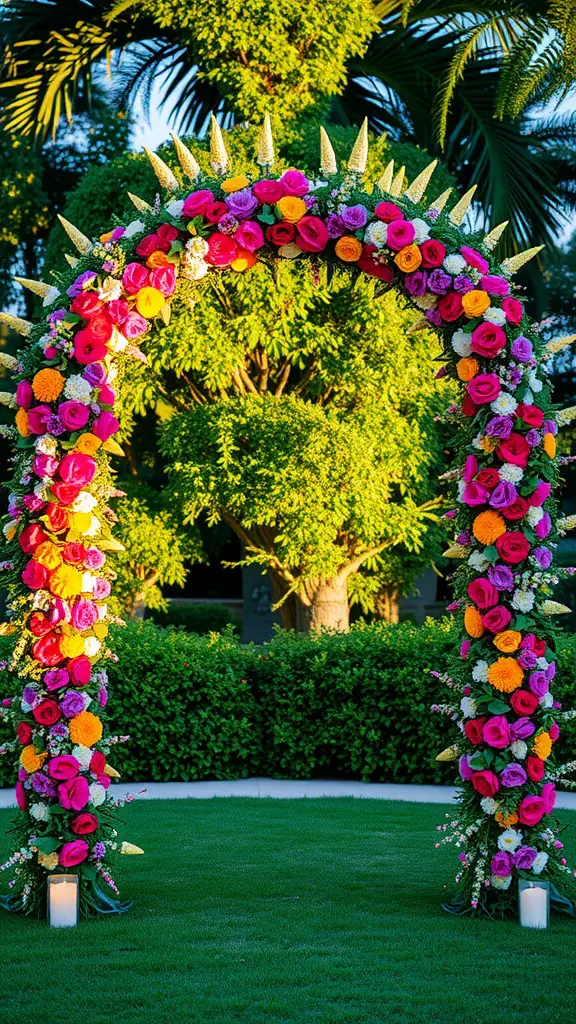 19 Creative Garden Arbor Ideas You’ll Love 11 A colorful floral arch arbor decorated with pink, yellow, and purple flowers, set in a green garden.
