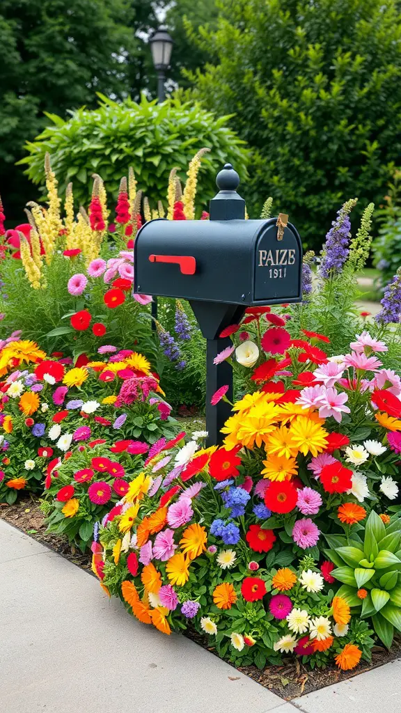 17 Creative Mailbox Landscaping Ideas You’ll Love 2 A vibrant arrangement of flowers surrounding a mailbox, featuring various colors and types of blooms.