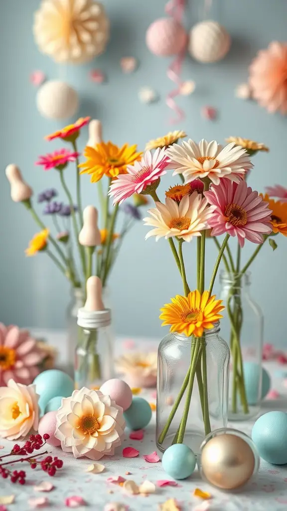 29 Adorable Baby Shower Centerpiece Ideas You’ll Love 2 Floral arrangements in baby bottles for a baby shower centerpiece