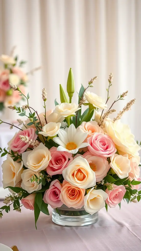 A beautiful floral centerpiece featuring soft pink and cream roses, white daisies, and green leaves in a glass vase.