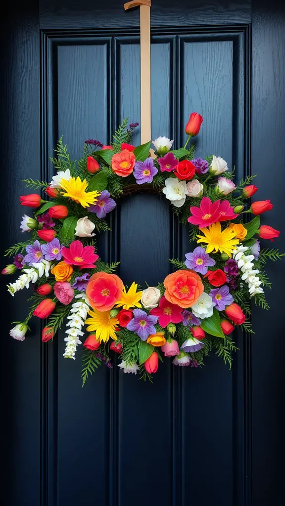13 Stunning DIY Wreaths to Welcome You Home 2 A colorful floral wreath with tulips, roses, and daisies hanging on a blue door.
