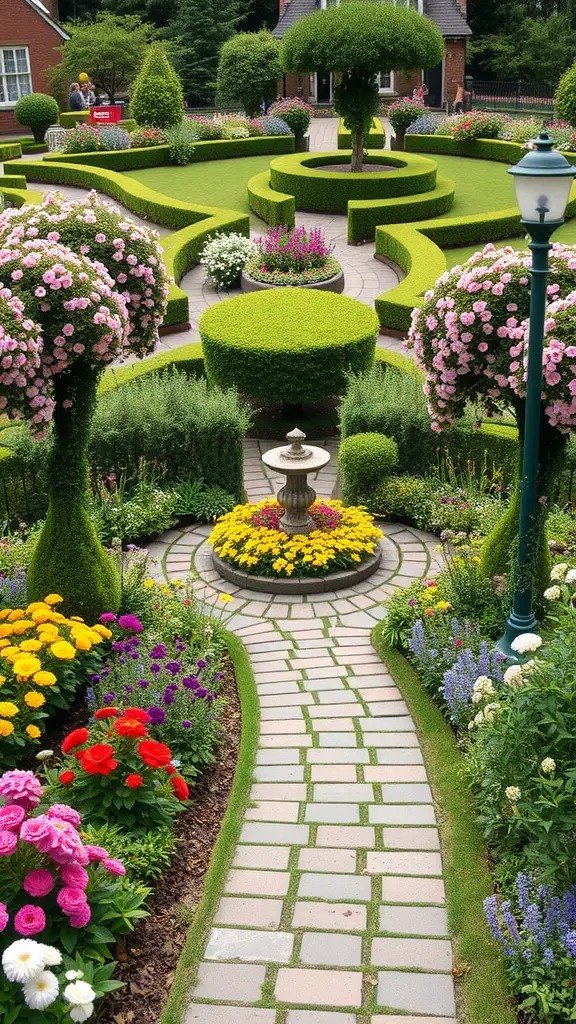 15 Stunning Labyrinth Garden Ideas for Your Outdoor Space 2 A beautiful garden pathway lined with colorful flowers and neatly trimmed hedges.