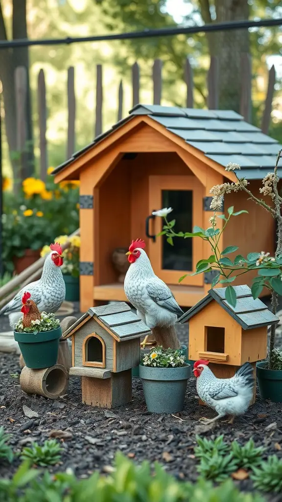 15 Creative Chicken Coop Decor Ideas to Enhance Your Backyard 10 A charming display of flower pot hen houses with colorful decorations and miniature chicken figures.