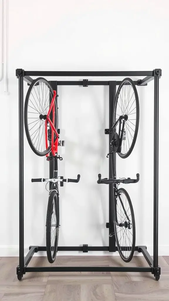 21 Creative Bike Storage Ideas for Small Spaces 2 A modern foldable bike storage rack displaying two bikes in an organized manner.