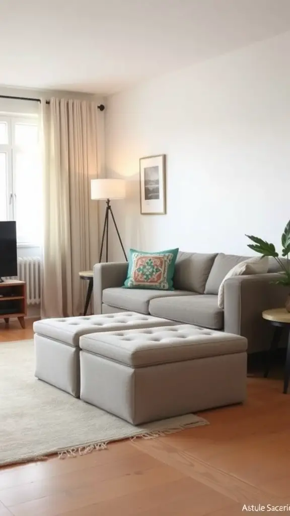 Two foldable ottomans in a cozy living room setting with a sofa and lamp.
