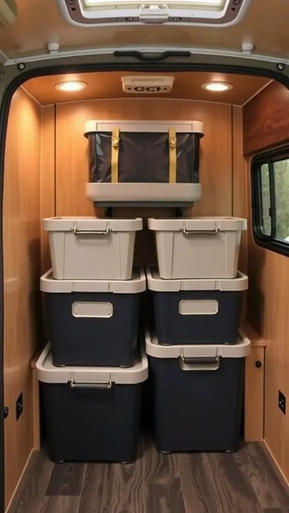 19 Clever Camper Storage Ideas for Your Next Adventure 5 A tidy display of foldable storage bins in a camper, showcasing efficient organization.