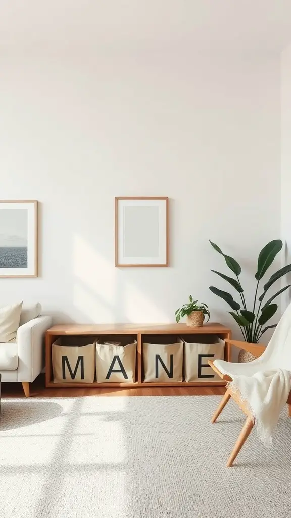 25 Creative Living Room Toy Storage Ideas for a Clutter-Free Space 15 A stylish living room with a wooden shelf containing foldable toy storage bins labeled 'MANE'.