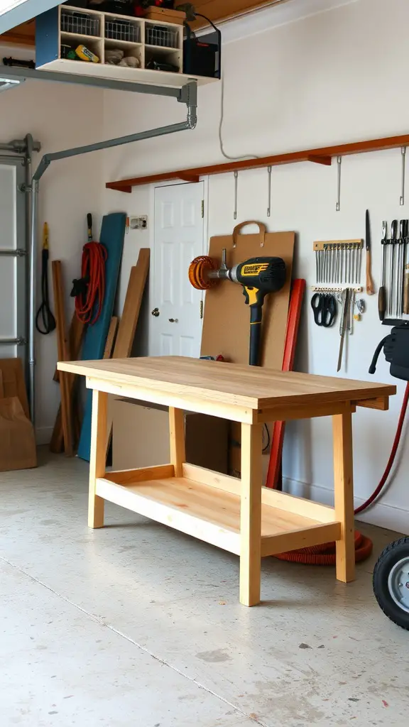 21 Creative Garage Storage Ideas You Need to Try 10 A foldable wooden workbench in a garage, showcasing a clean and organized space.