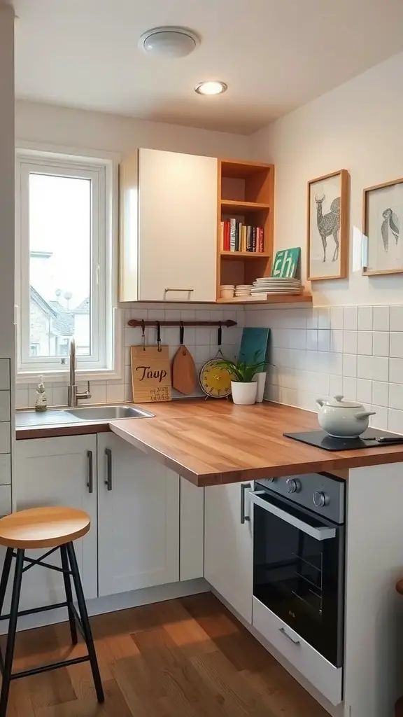 A small kitchen featuring a folding counter extension with a wooden surface, white cabinets, and a cozy atmosphere.