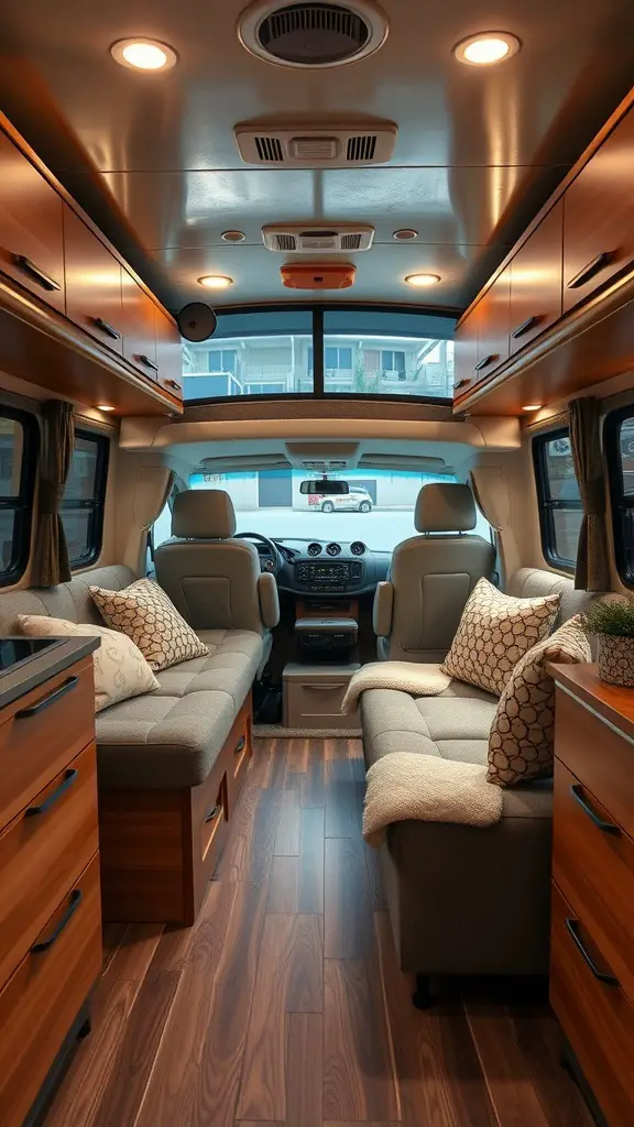 Interior of an RV featuring folding sofas and storage cabinets.