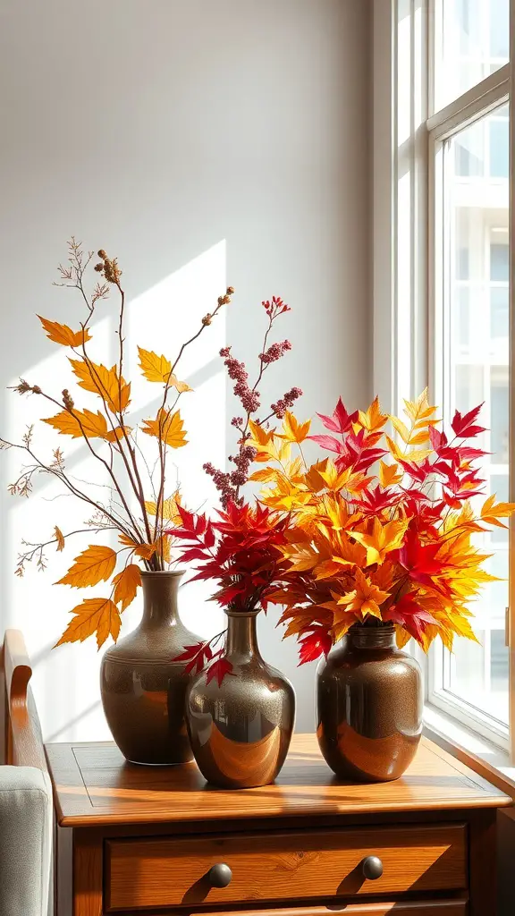 Three vases filled with colorful autumn leaves on a wooden table near a window