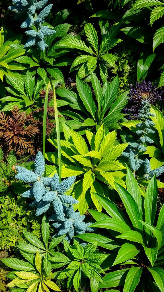 A variety of colorful foliage in a lush garden showcasing different textures and leaf shapes.
