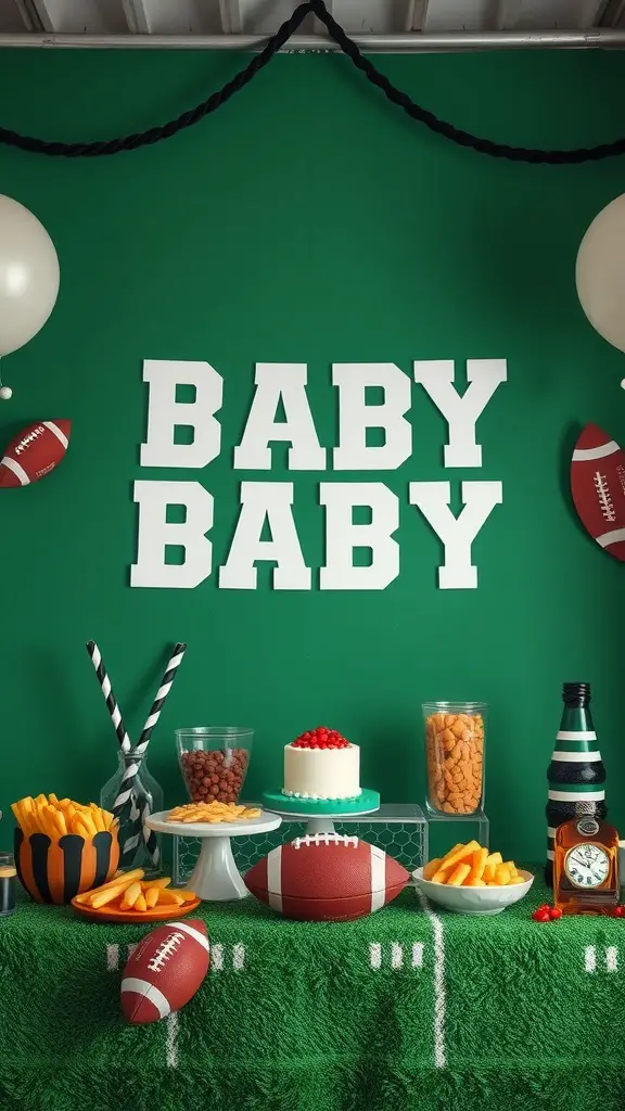 A vibrant football-themed baby shower setup featuring green decor, football snacks, and a cake.