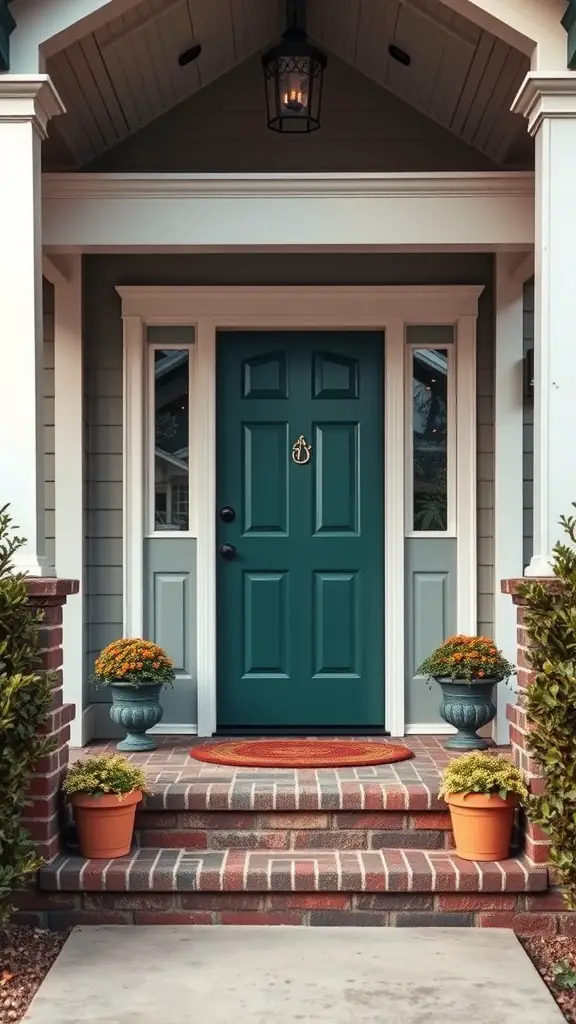 17 Stunning Green Front Door Ideas to Elevate Your Curb Appeal 15 A front door painted in forest green with white trim, complemented by potted plants on the steps.