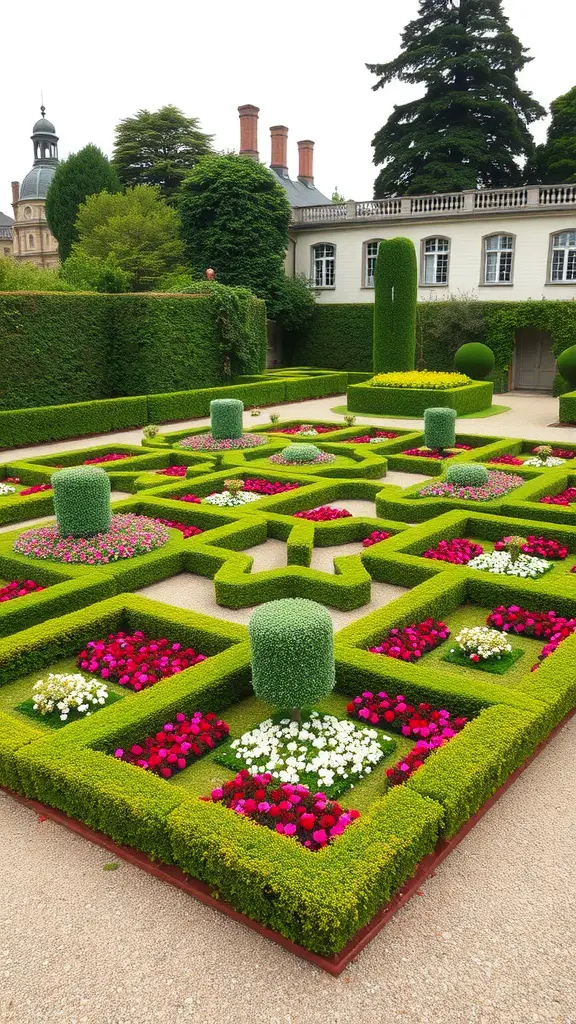 A formal parterre garden with geometric patterns and vibrant flower beds, showcasing trimmed hedges and colorful blooms.