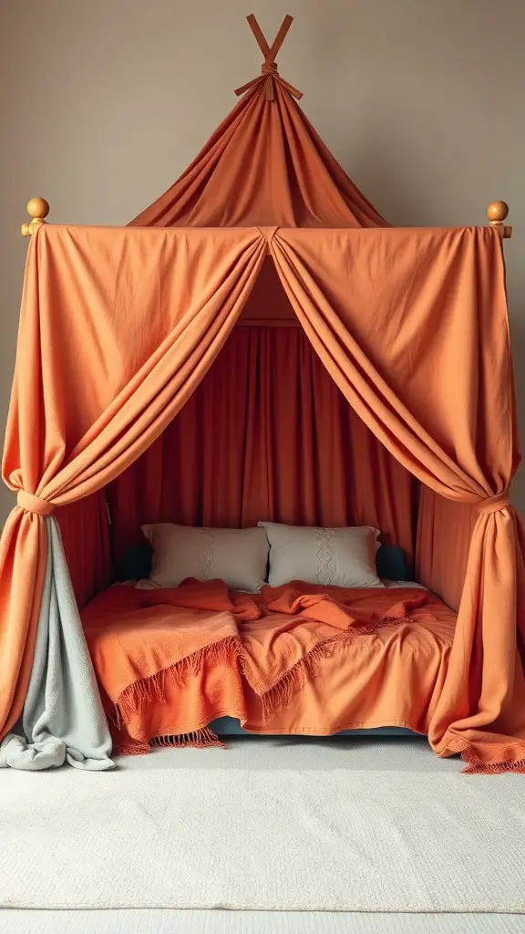 21 Creative Indoor Fort Ideas for Kids 2 An orange fabric bed canopy with pillows and blankets underneath, creating a cozy and inviting fort-like space.