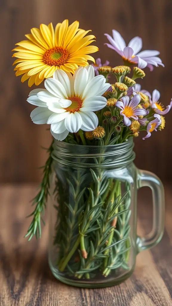 17 Stunning Flower Arrangement Ideas You’ll Love 12 A vibrant flower arrangement in a mason jar with yellow, white, and purple flowers, along with fresh green herbs.