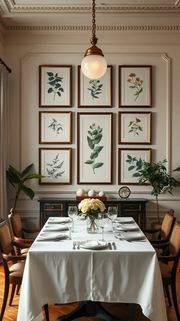 21 Stunning Dining Room Wall Decor Ideas to Transform Your Space 13 A dining room featuring framed botanical prints arranged in a grid on the wall, with a beautifully set table and a plant in the background.