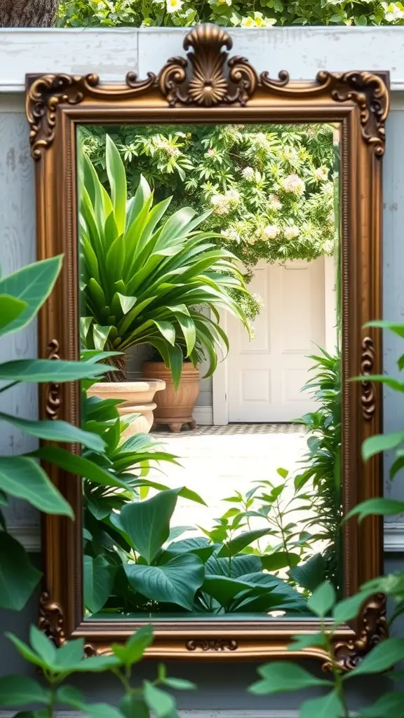 21 Stunning Garden Mirror Ideas to Transform Your Outdoor Space 2 An ornate mirror surrounded by lush green plants in a garden.