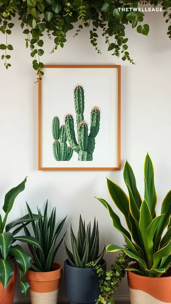 17 Inspiring Indoor Plant Wall Designs Featuring Cacti 2 A framed cactus print surrounded by various indoor plants in decorative pots.