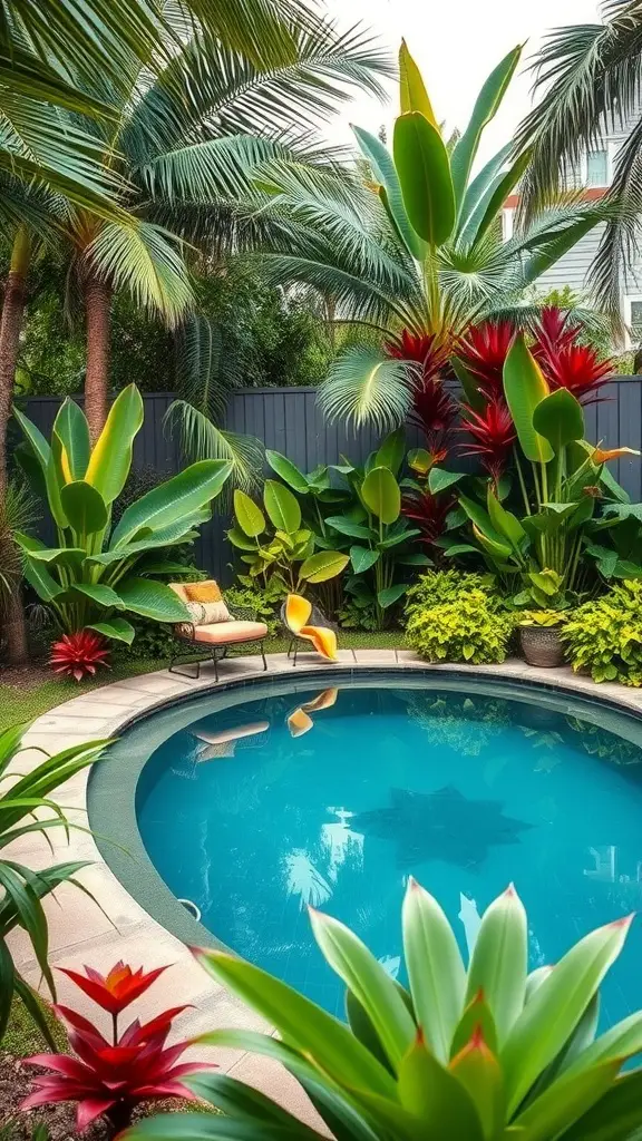 A freeform pool surrounded by tropical landscaping featuring palm trees and colorful plants.