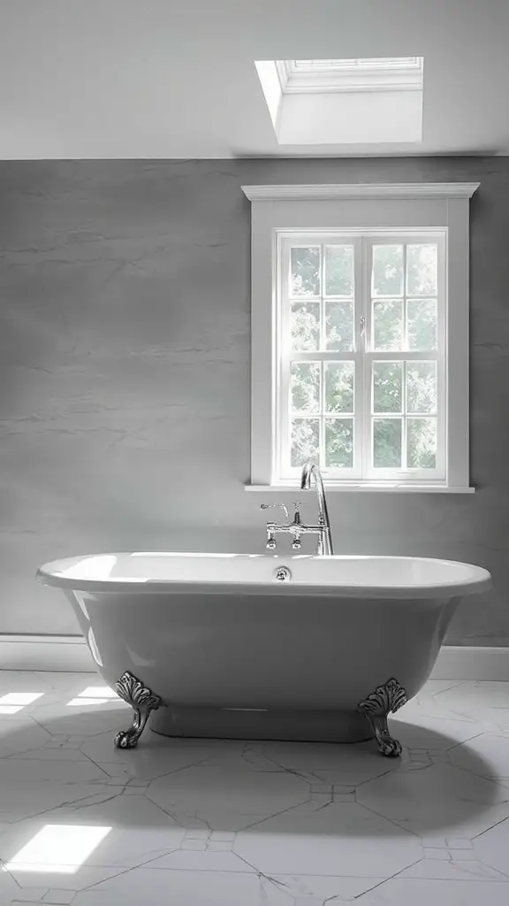 A freestanding bathtub with clawfoot design, positioned near a window in a stylish bathroom.