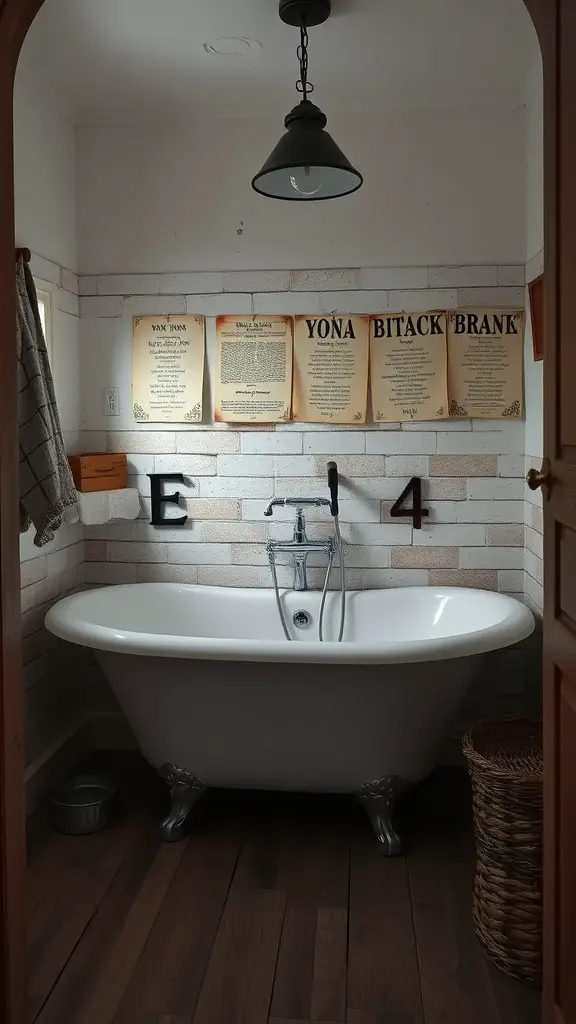 Cozy rustic bathroom featuring a freestanding white bathtub, wooden floor, and decorative wall art.