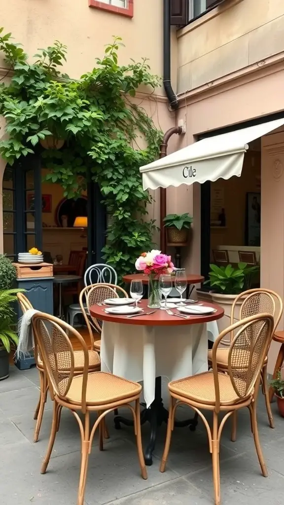 A cozy French bistro dining area with a table and rattan chairs surrounded by greenery.