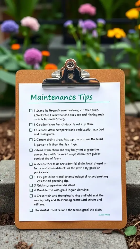 23 Creative French Drain Ideas for Effective Water Management 10 Clipboard with maintenance tips for French drains surrounded by colorful flowers