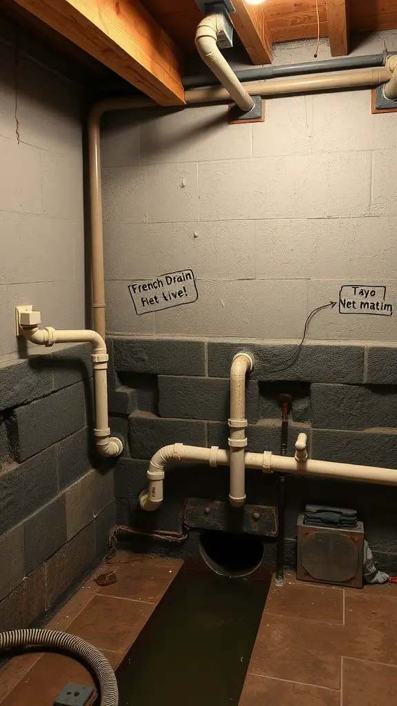 23 Creative French Drain Ideas for Effective Water Management 2 An interior view of a basement showing a French drain system with pipes leading to a drain.