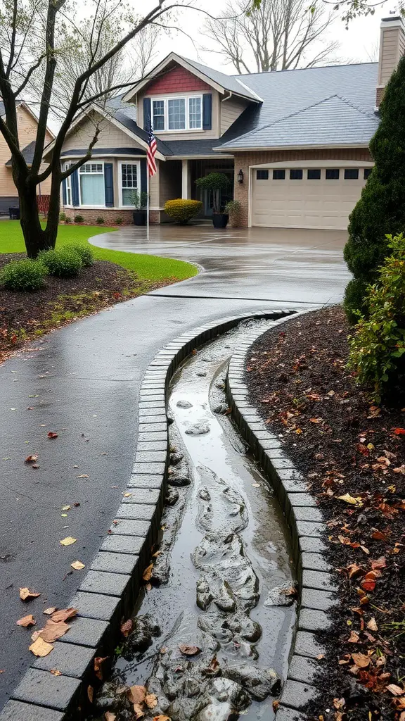 23 Creative French Drain Ideas for Effective Water Management 12 A curved French drain beside a driveway, effectively channeling water runoff.